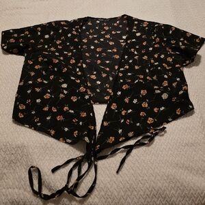 SHEIN Black Floral Tie-Front Top with Orange Accents